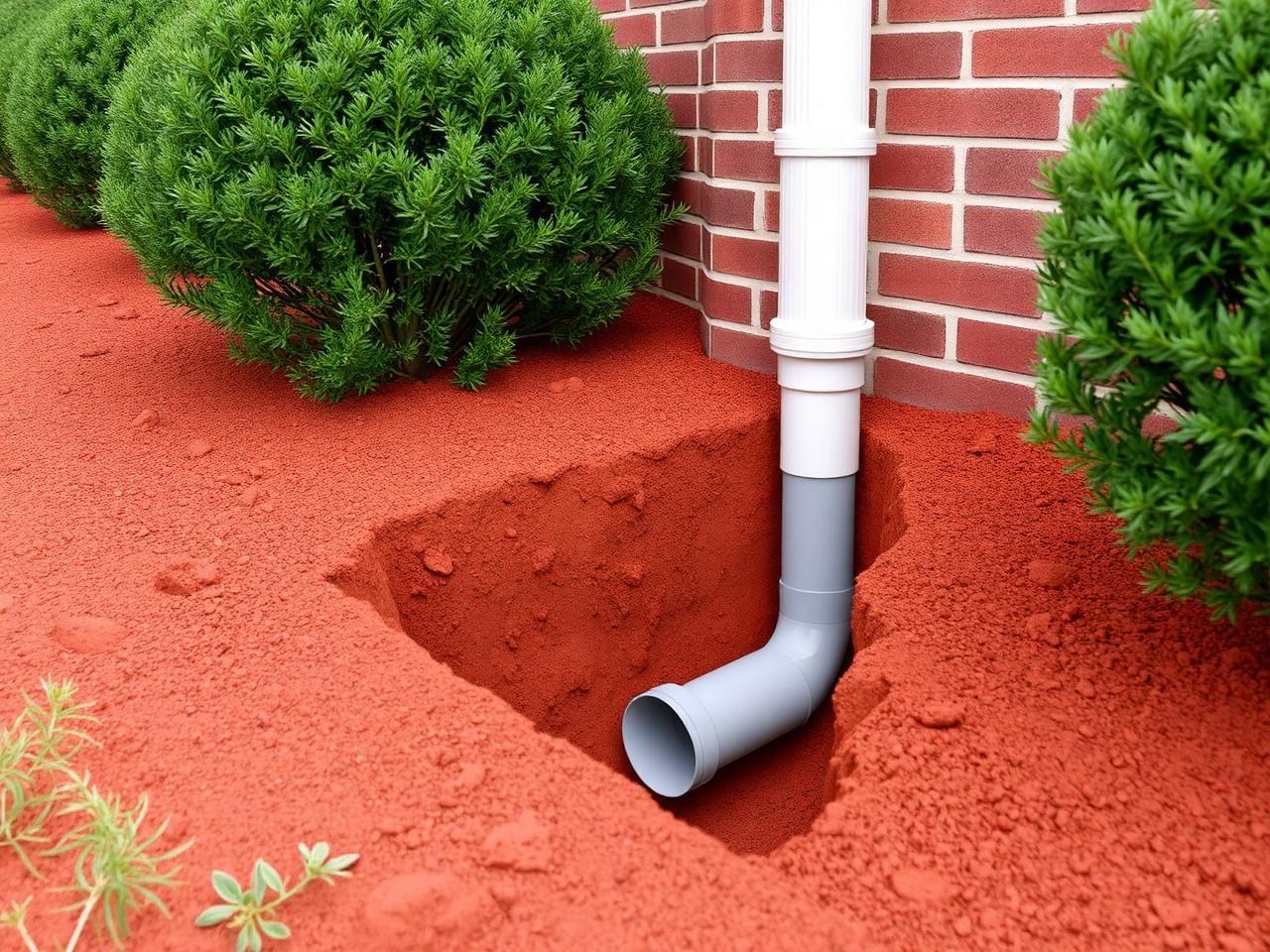 Downspout tied into a buried solid drain pipe beside a brick foundation in red clay soil