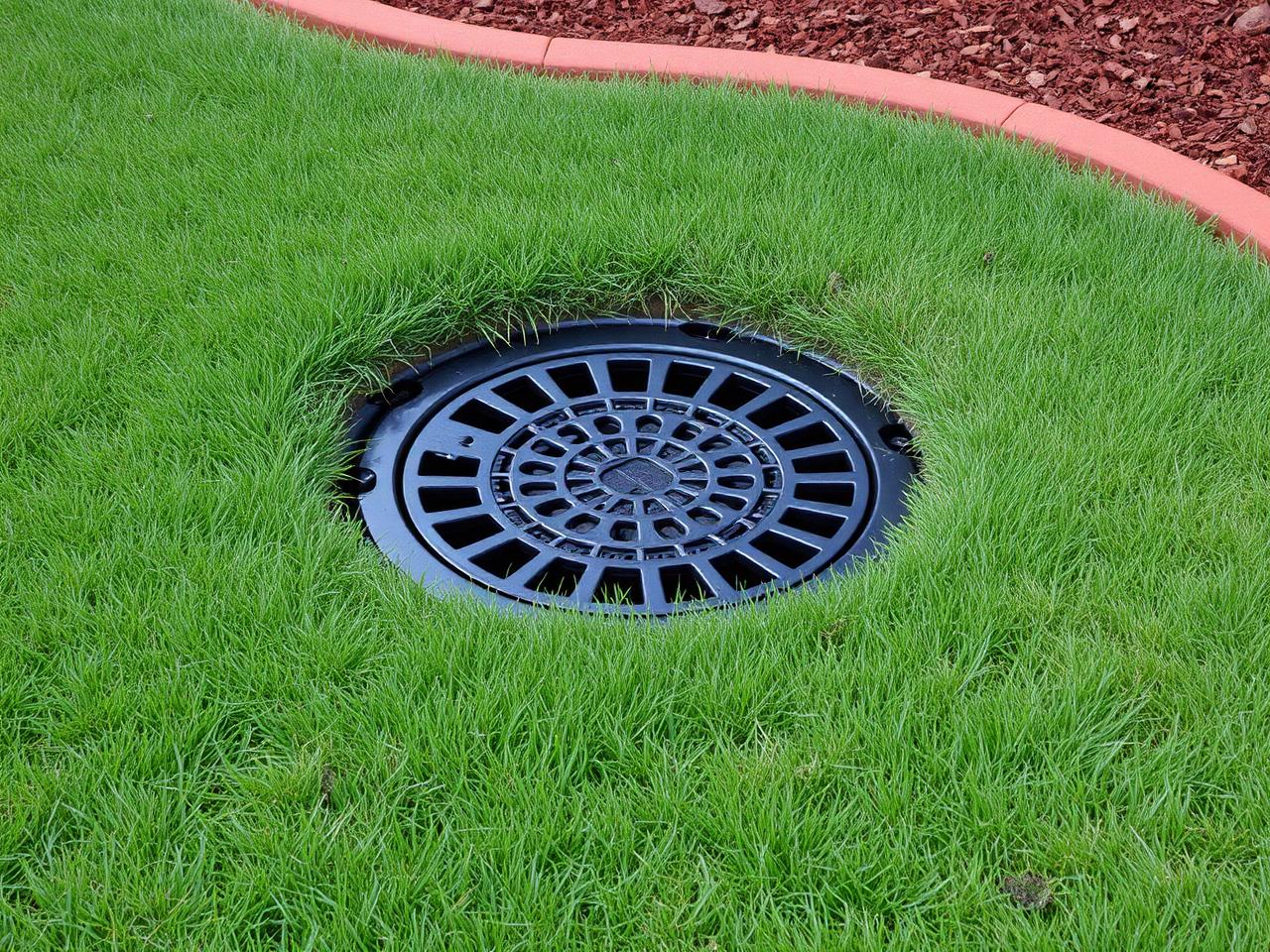 Yard catch basin grate set flush in a lawn collecting surface water