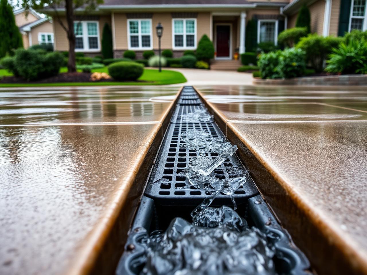 Channel drain with grate crossing a residential concrete driveway carrying rainwater away