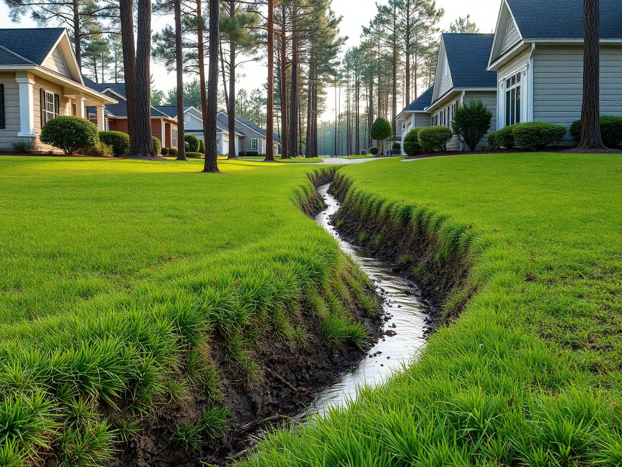 Shallow grassed drainage swale carrying runoff downhill between two suburban properties