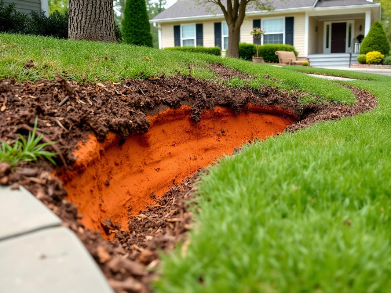 Runoff erosion cutting a channel of exposed red clay through a sloped residential lawn