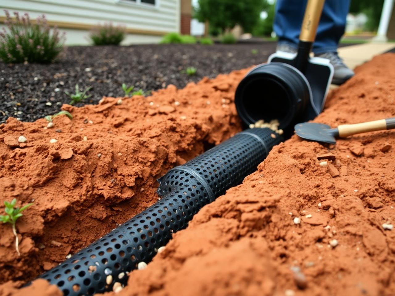 Open French drain trench in red clay soil with perforated pipe and washed gravel in a residential yard