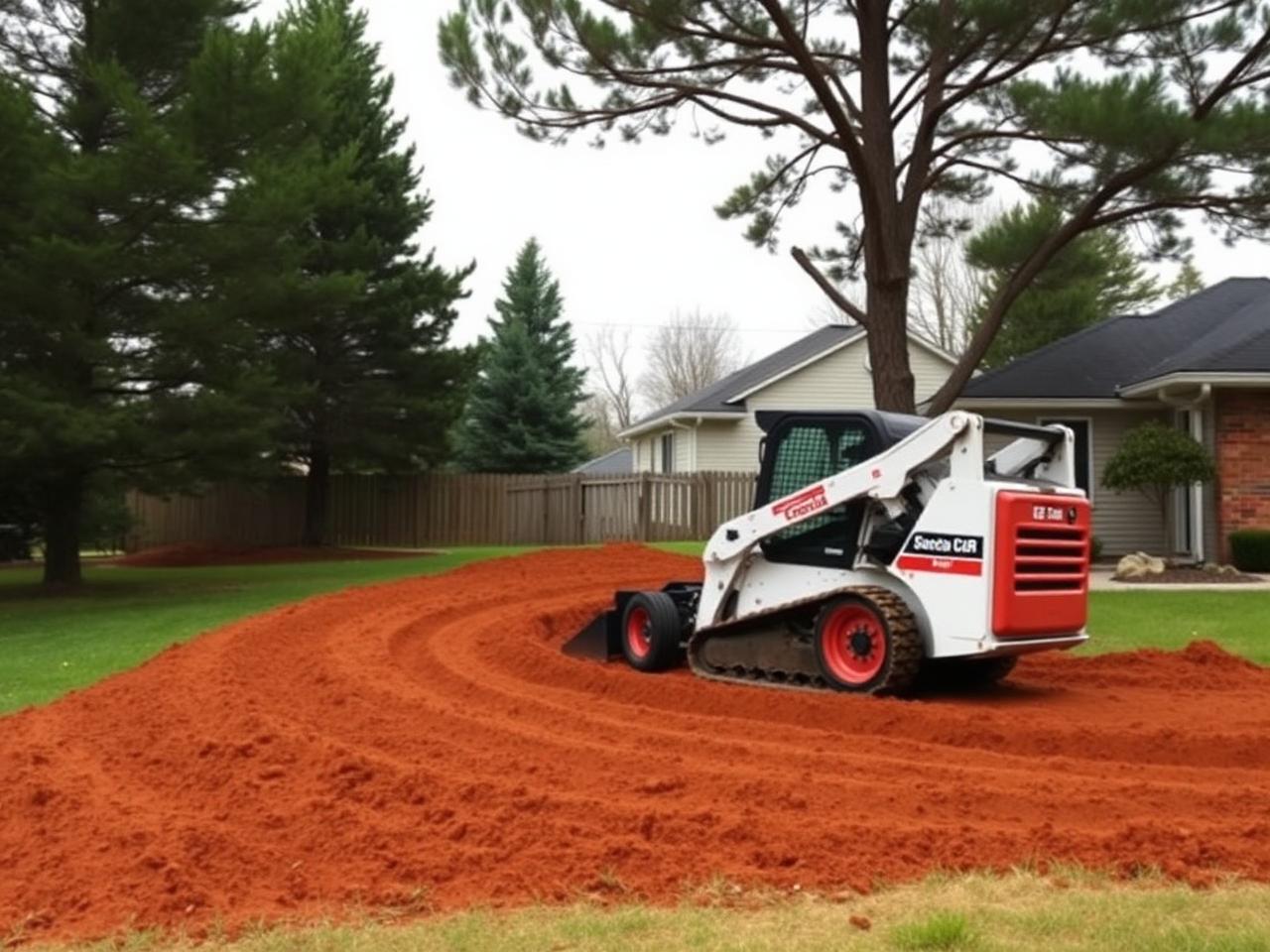 Compact track loader regrading red clay soil in a sloped residential backyard